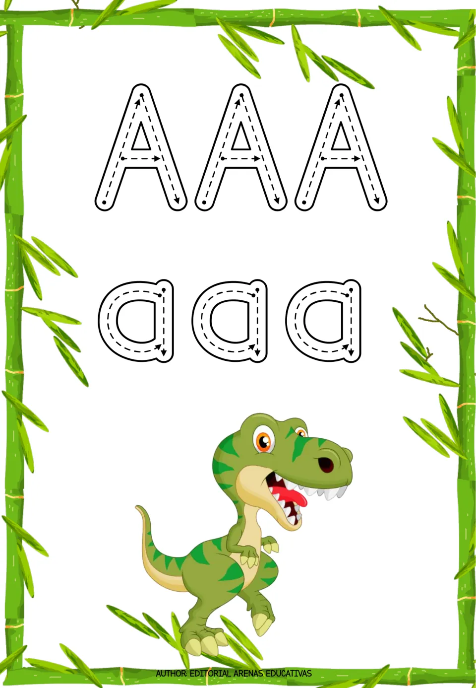 Letter A tracing practice: three uppercase A letters and three lowercase a letters with directional arrows