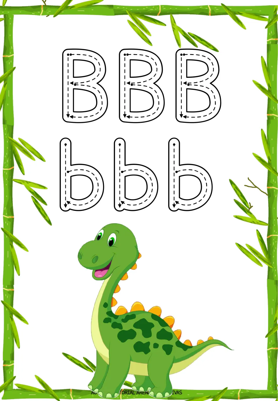 Letter B tracing practice: three uppercase B letters and three lowercase b letters with directional arrows