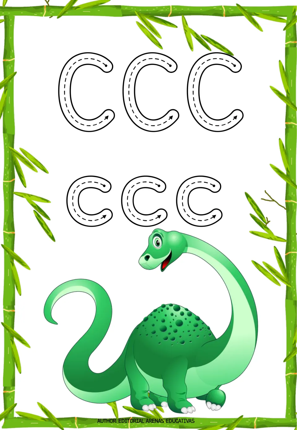 Letter C tracing practice: three uppercase C letters and three lowercase c letters with directional arrows