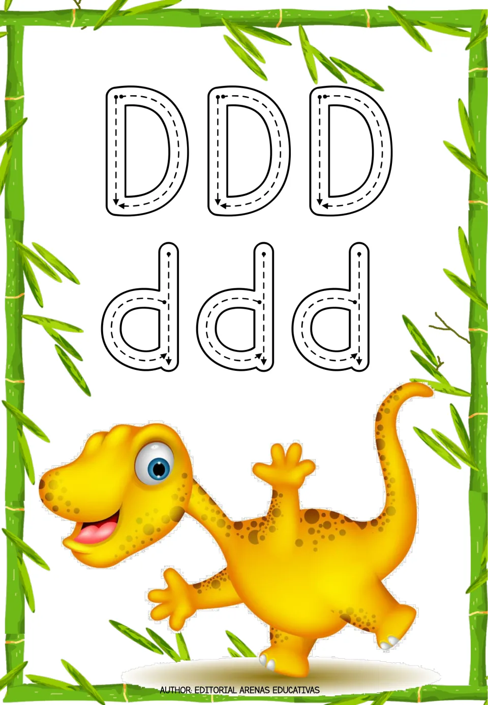 Letter D tracing practice: three uppercase D letters and three lowercase d letters with directional arrows
