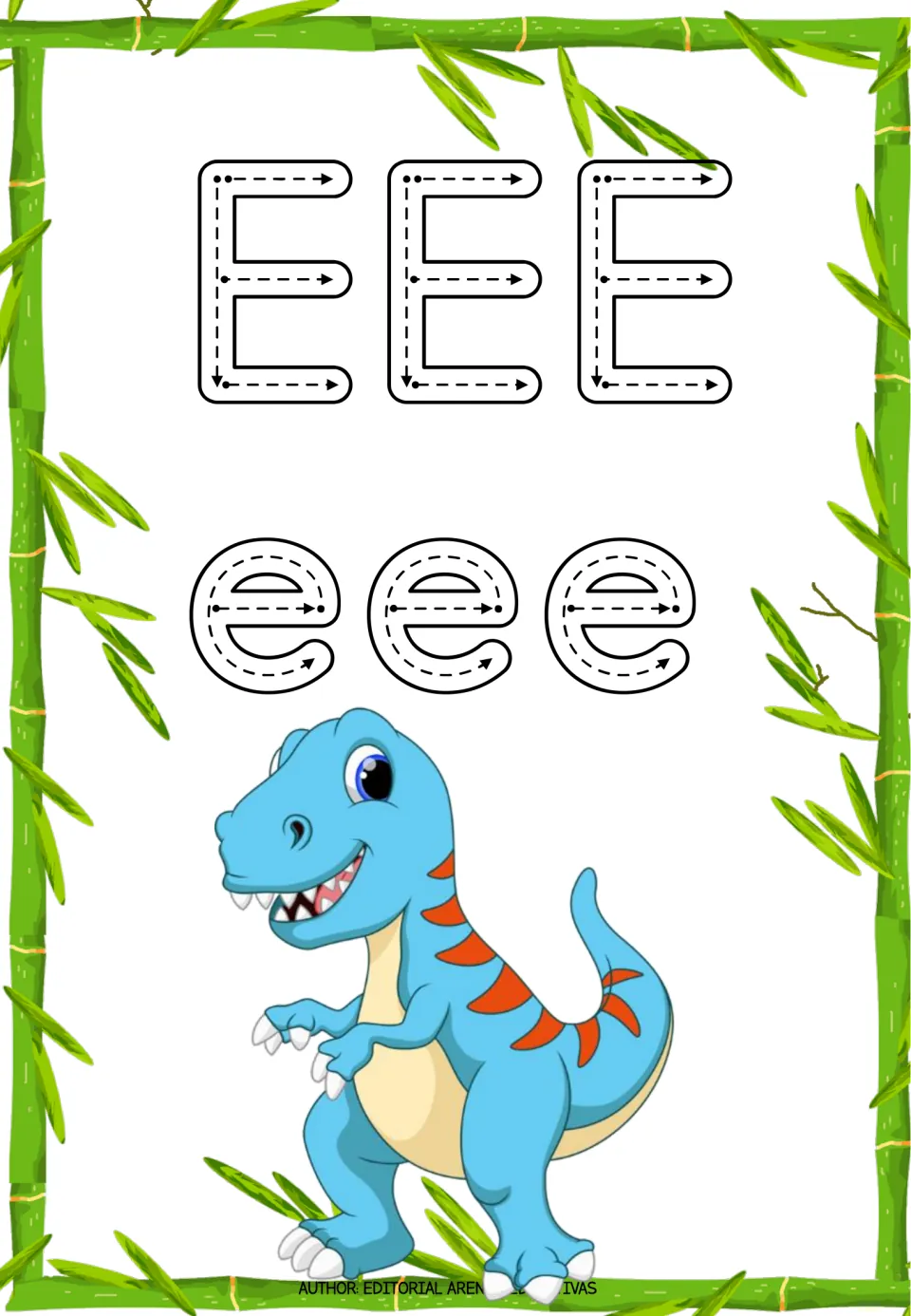 Letter E tracing practice: three uppercase E letters and three lowercase e letters with directional arrows