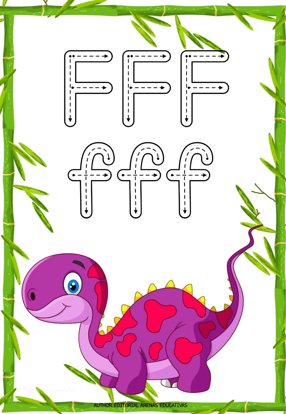 Letter F tracing practice: three uppercase F letters and three lowercase f letters with directional arrows