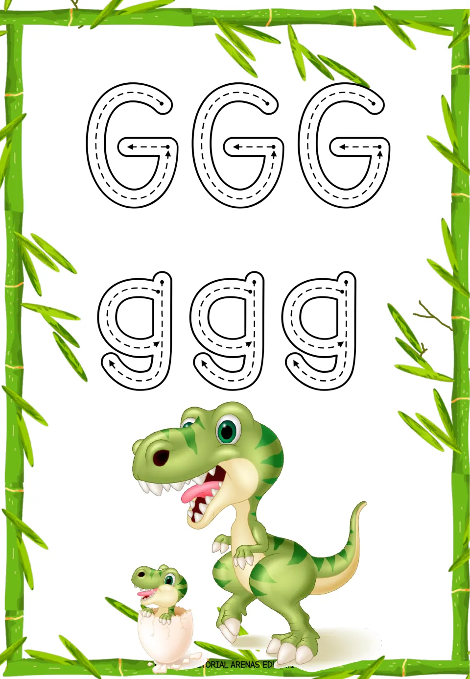 Letter G tracing practice: three uppercase G letters and three lowercase g letters with directional arrows