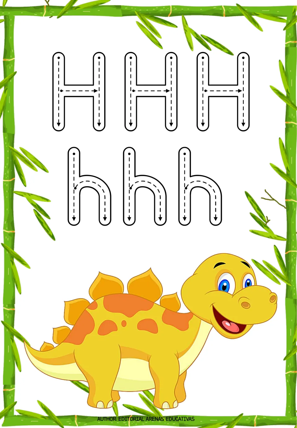 Letter H tracing practice: three uppercase H letters and three lowercase h letters with directional arrows