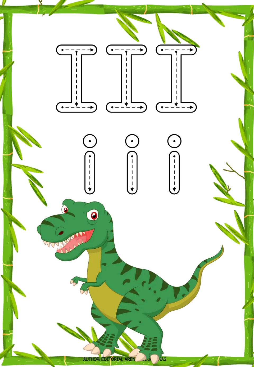 Letter I tracing practice: three uppercase I letters and three lowercase i letters with directional arrows