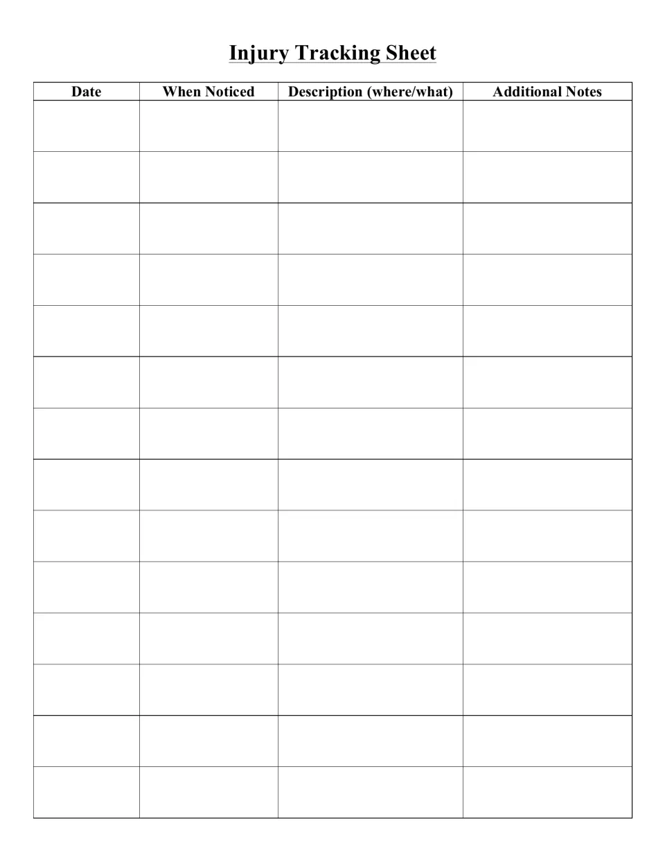 Injury Tracking Sheet: blank log to record the date, when an injury was noticed, where and what it is, plus notes