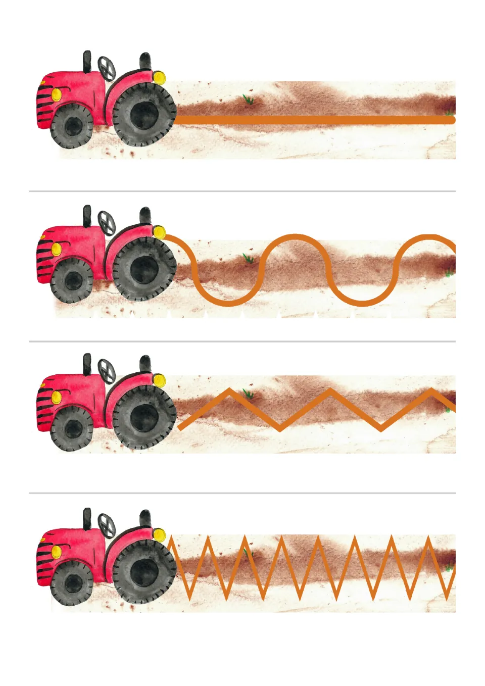 Tractor tracing patterns 1–4 of 8: a straight path, a broad wave, a wide zigzag, and a narrow zigzag.