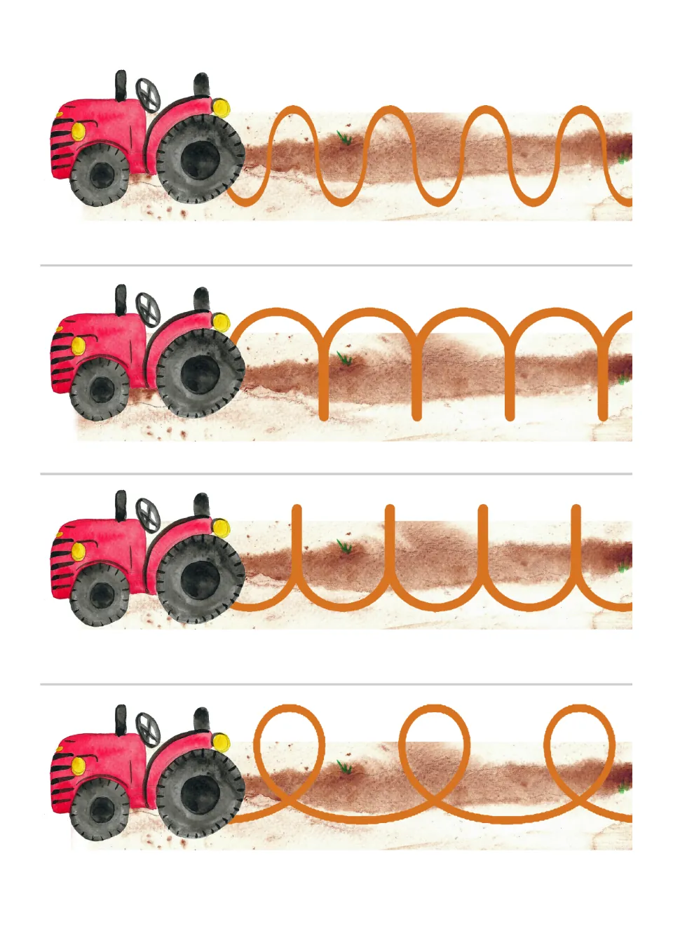 Tractor tracing patterns 5–8 of 8: a tall wave, connected arches, connected cup shapes, and loops.
