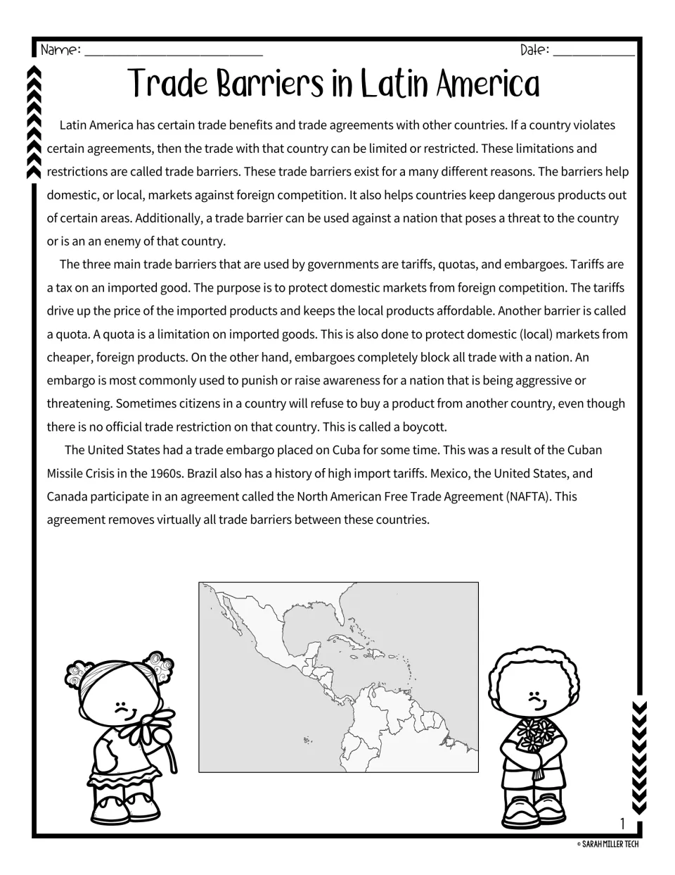 Reading passage introduces Latin American trade barriers: tariffs, quotas, embargoes, boycotts, and NAFTA.