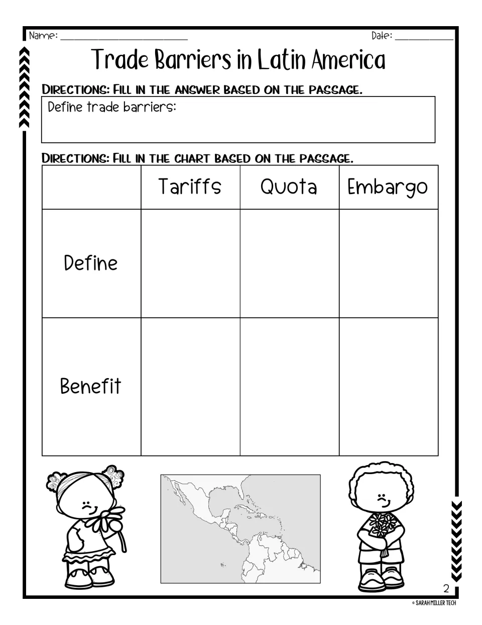 Passage response tasks ask students to define trade barriers and compare tariffs, quotas, and embargoes.