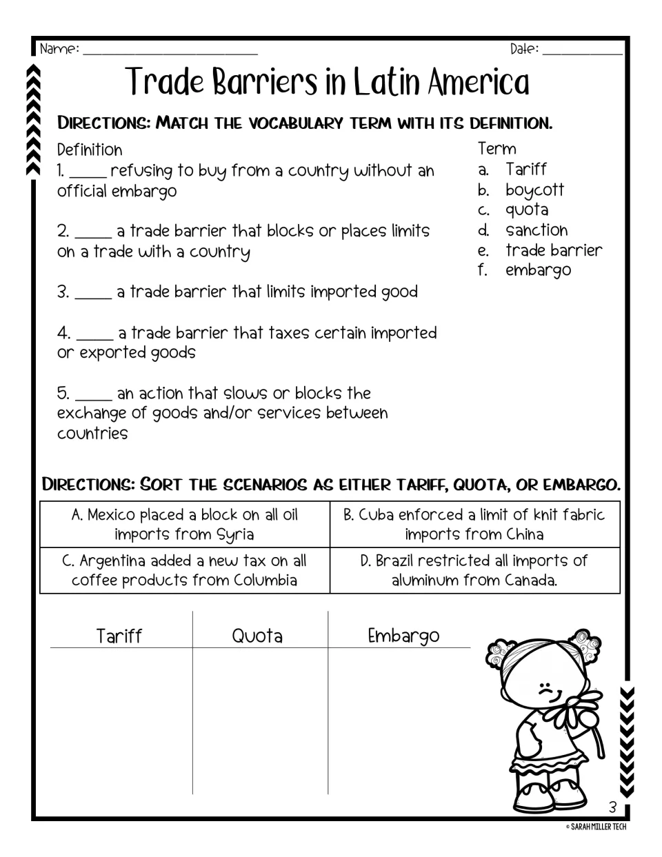 Vocabulary practice matches five definitions to terms and sorts four trade scenarios by barrier type.