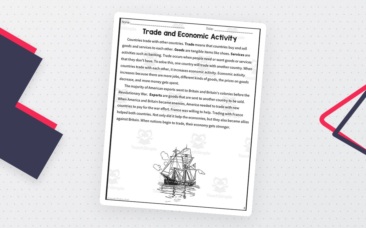 Trade and Economic Activity reading page with a nonfiction passage and a sailing ship illustration at the bottom.