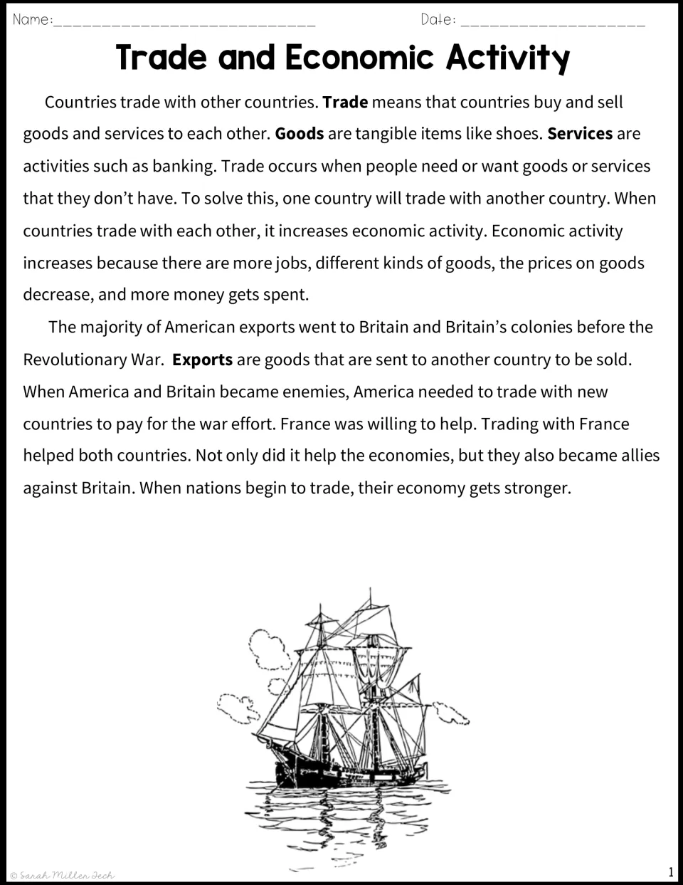 Reading passage on trade: defines goods, services and exports, then explains how America traded with France during the war