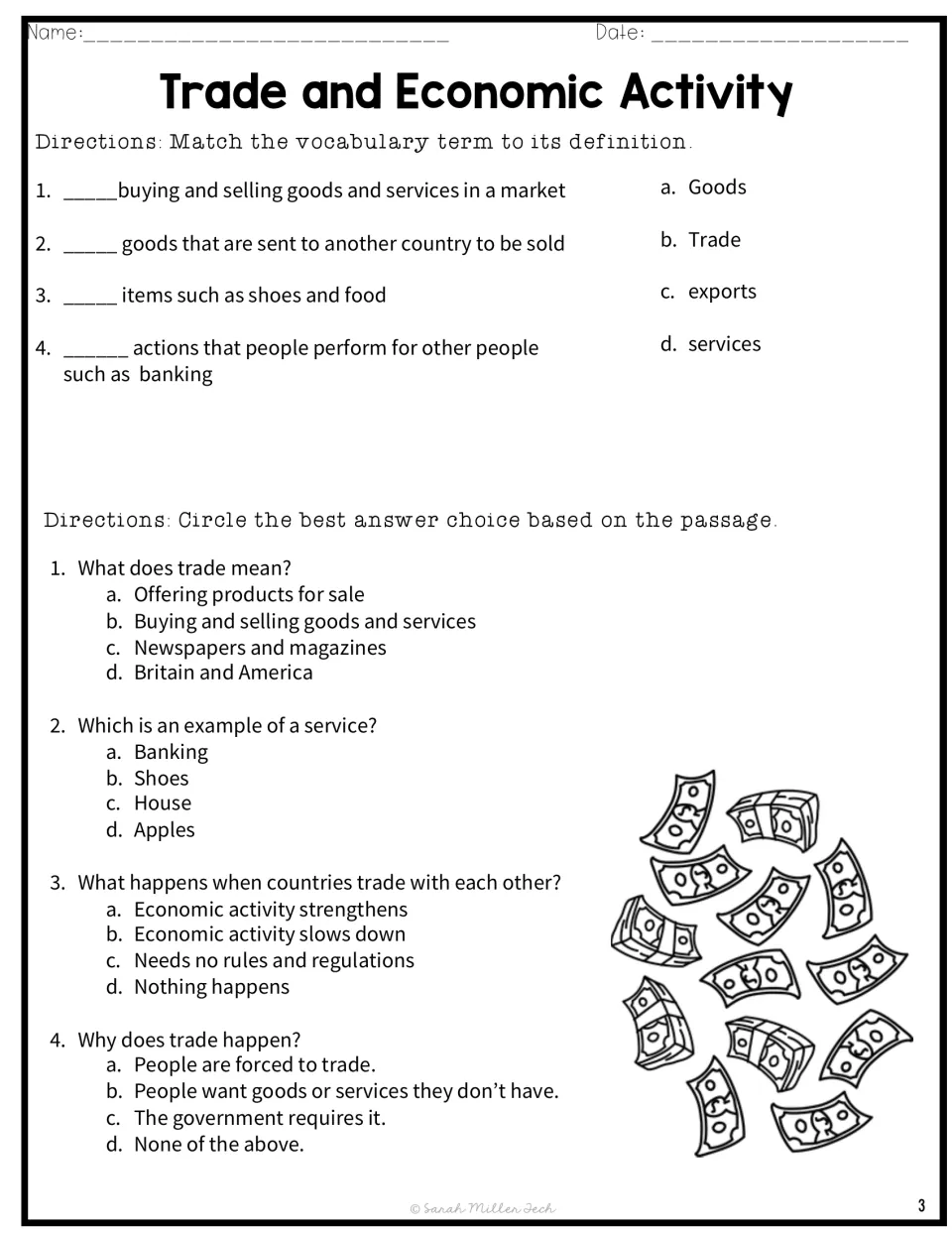 Vocabulary matching for trade, goods, exports and services, plus four multiple-choice questions on the passage