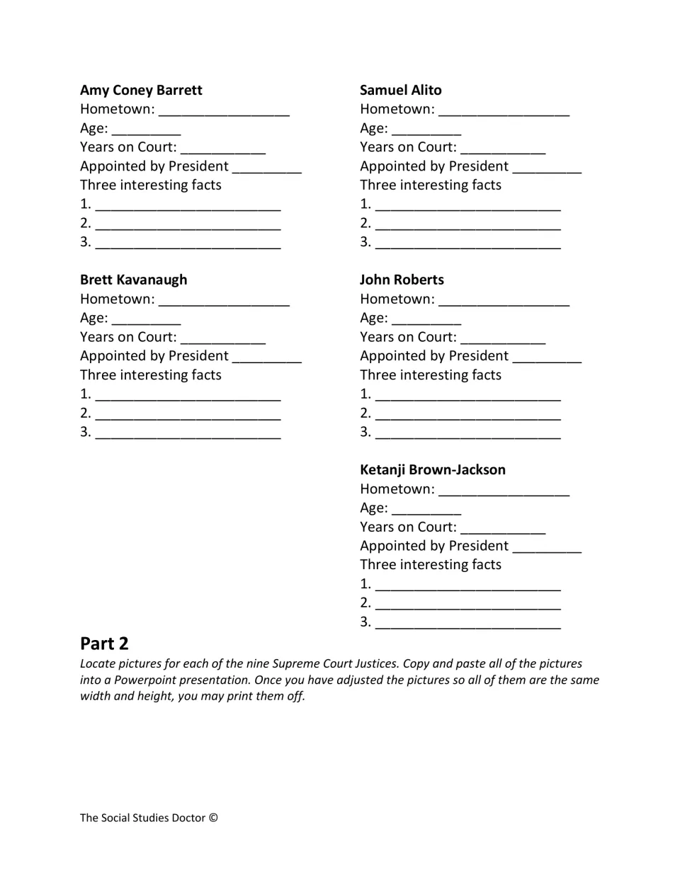 Research continues for Barrett, Alito, Kavanaugh, Roberts and Brown-Jackson; Part 2 has students find and print photos