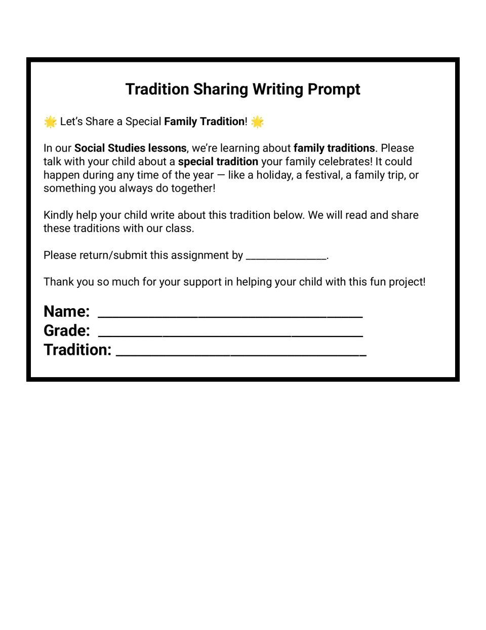 Family tradition letter home: parents help their child pick a special tradition and fill in name, grade and tradition