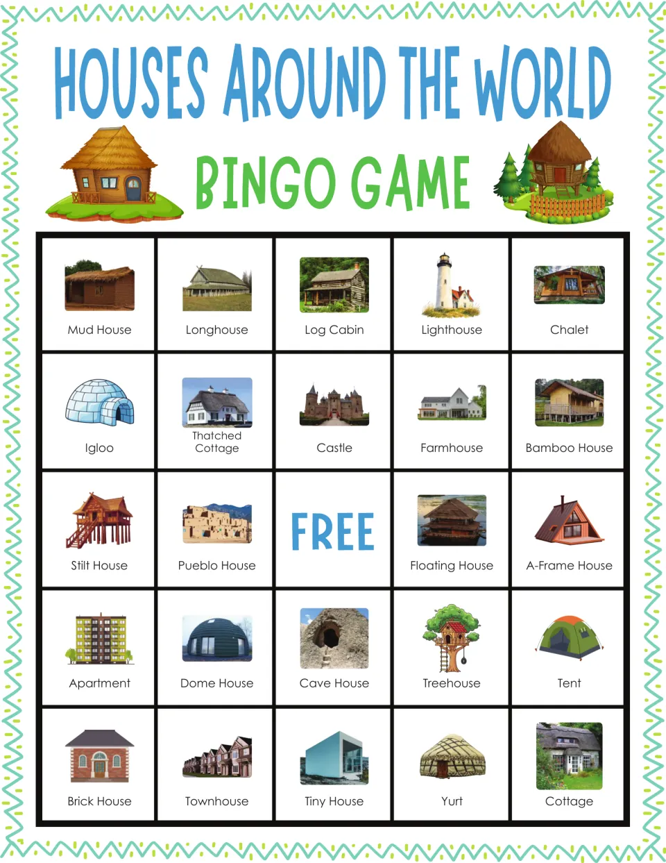 Home types bingo card 2: students cover dwellings when called, including mud house, longhouse, log cabin and chalet