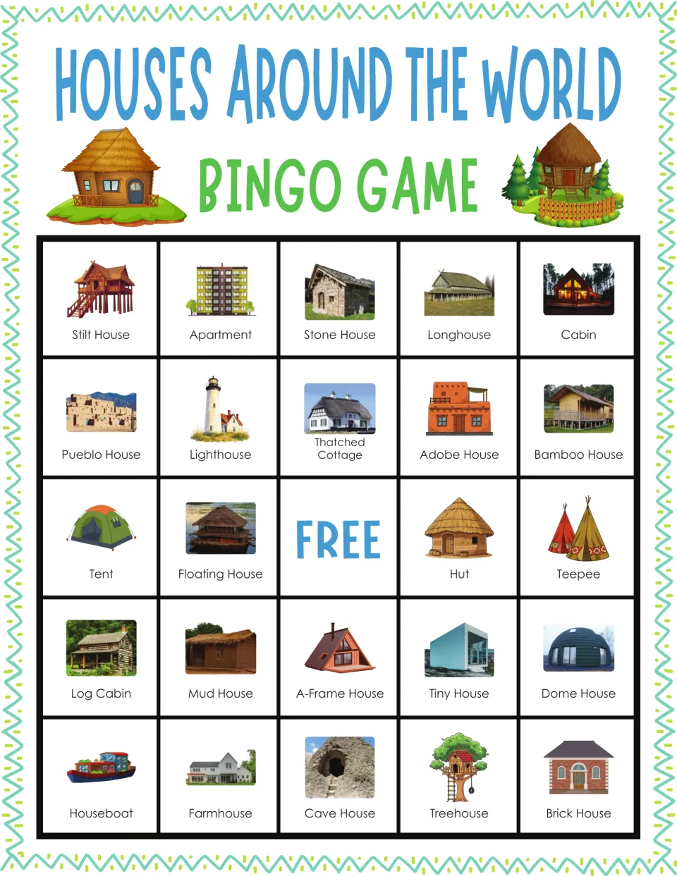 House vocabulary bingo card 4: students listen and mark homes like stilt house, apartment, adobe house and teepee