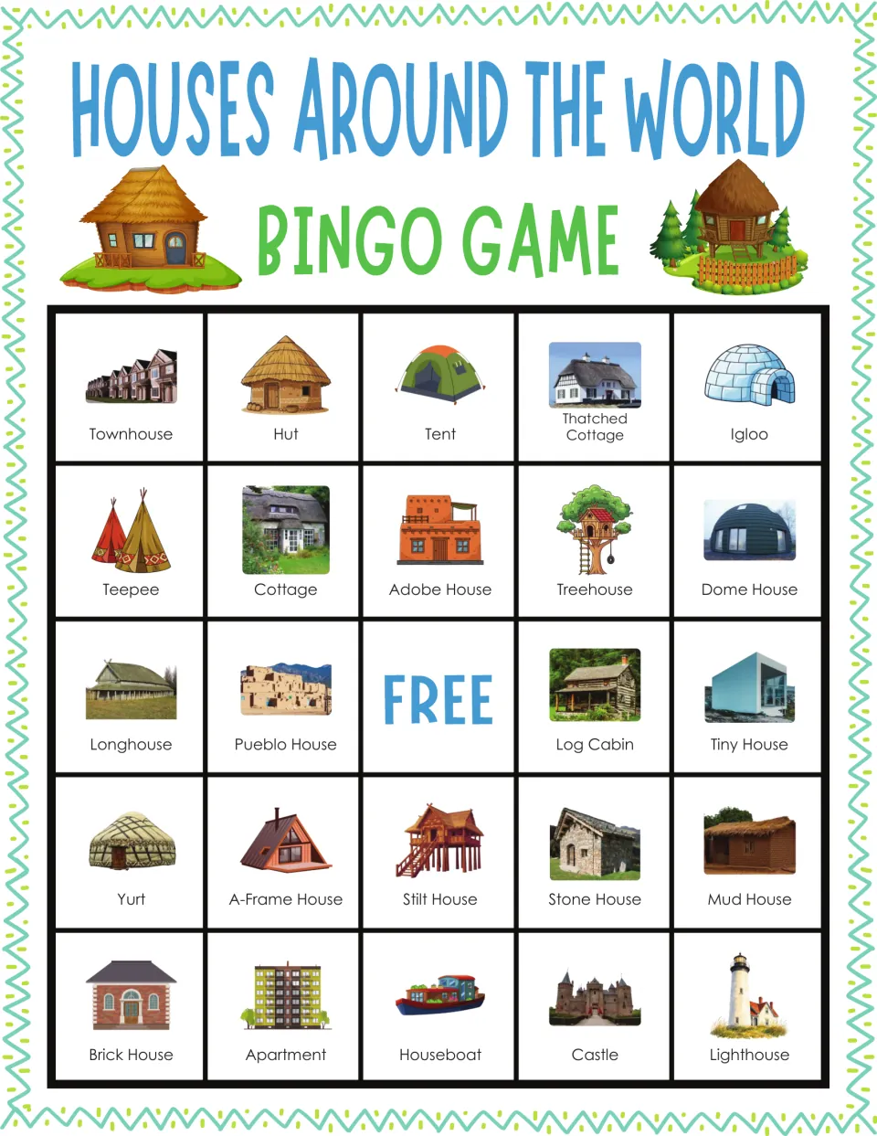 Homes bingo card 5: students spot pictures of a townhouse, hut, tent, thatched cottage and igloo as each is called
