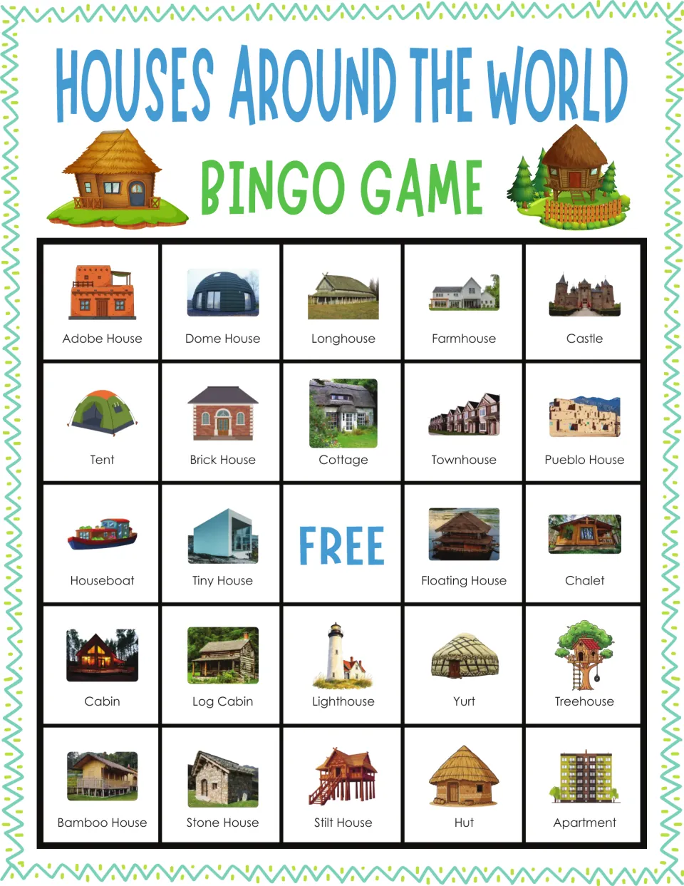 World homes bingo card 7: students cover pictured adobe house, dome house, longhouse, farmhouse and castle as called