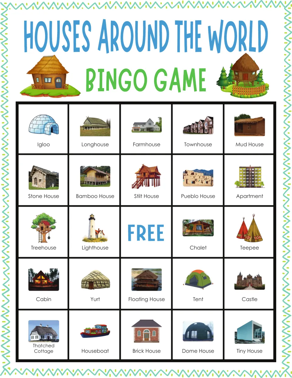 Housing types bingo card 8: students match spoken names to pictures of igloo, longhouse, townhouse, yurt and mud house
