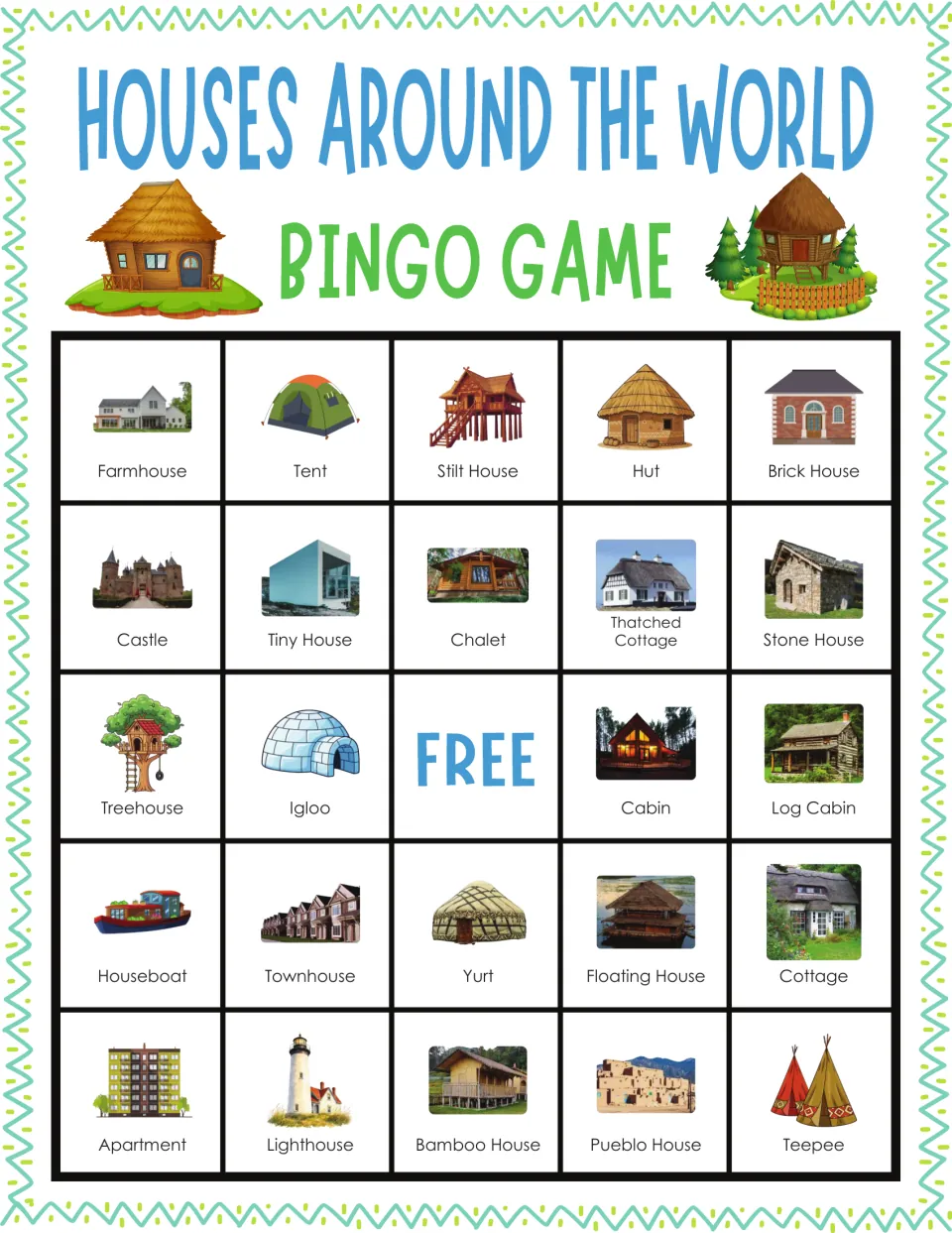 Dwelling names bingo card 9: students mark images of a farmhouse, tent, stilt house, brick house and castle when named