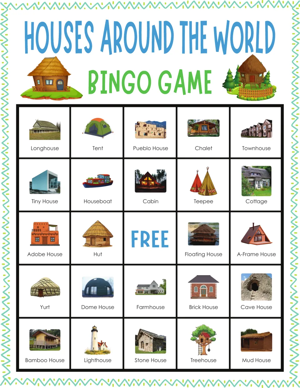Global houses bingo card 10: students listen for and cover a longhouse, tent, pueblo house, chalet and cave house picture