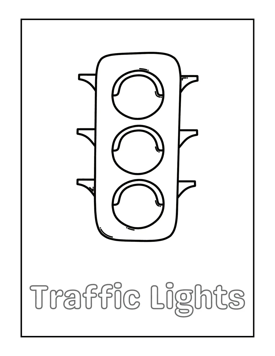 Traffic Lights coloring page: students color a three-light signal outline and the bubble-letter label below it