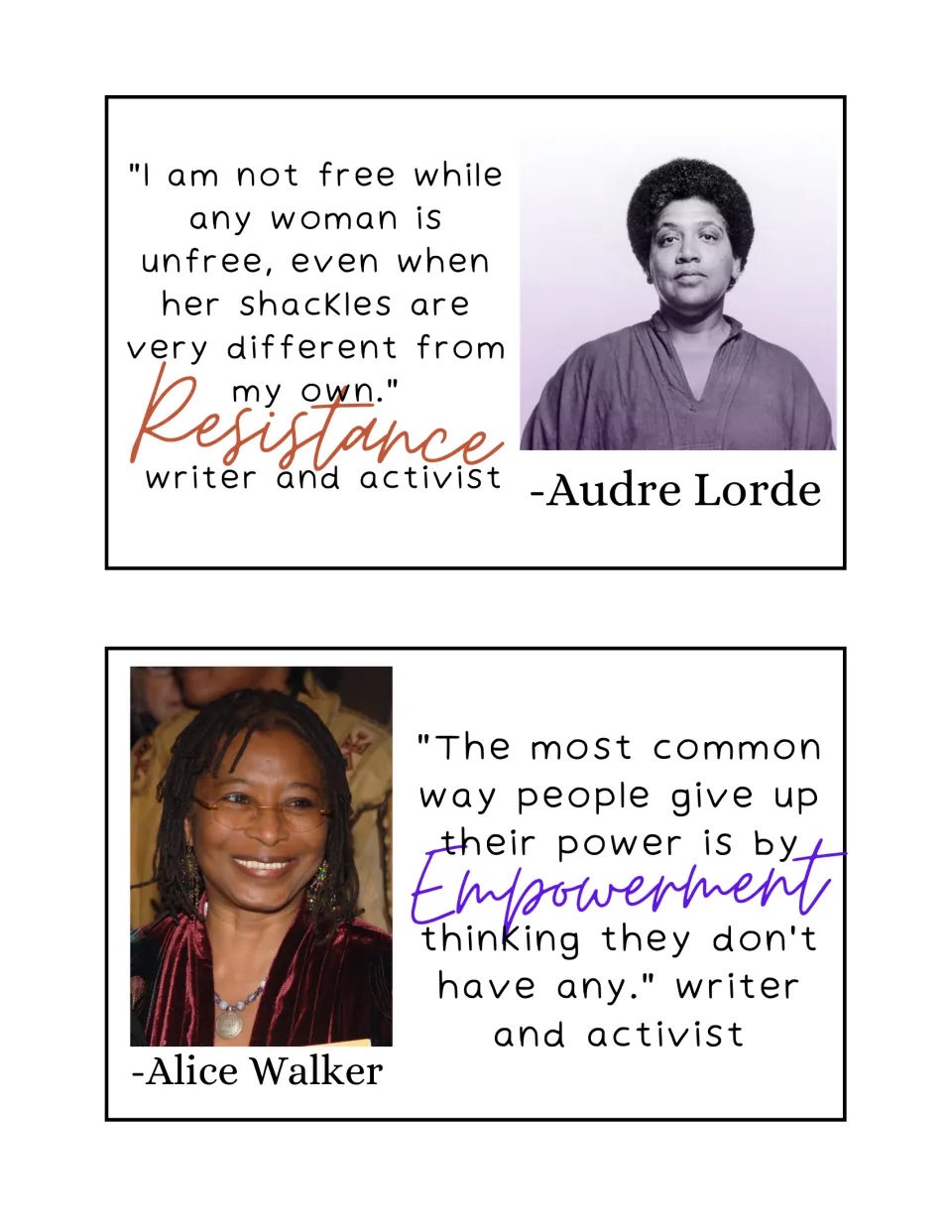 Quote cards: Audre Lorde on freedom (Resistance) and Alice Walker on giving up power (Empowerment), each with a portrait
