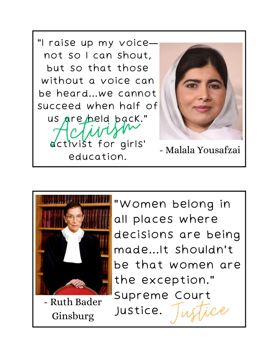 Quote cards: Malala Yousafzai on raising her voice (Activism) and Ruth Bader Ginsburg on women in decisions (Justice)