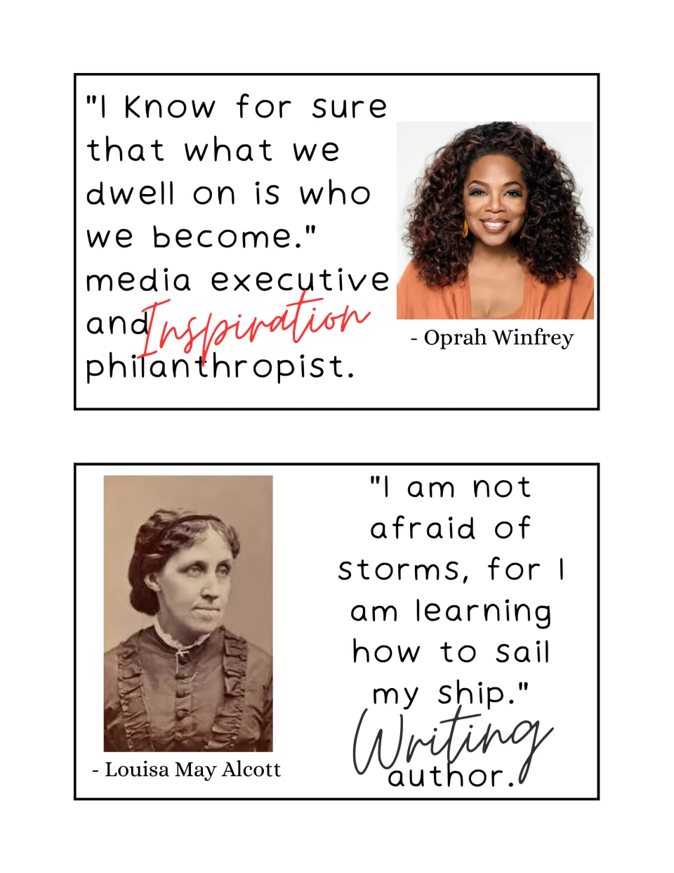 Quote cards: Oprah Winfrey on what we dwell on (Inspiration) and Louisa May Alcott on learning to sail her ship (Writing)