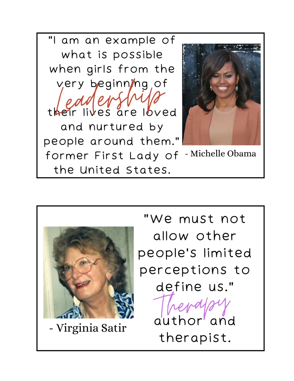 Quote cards: Michelle Obama on nurtured girls (Leadership) and Virginia Satir on others' perceptions (Therapy)