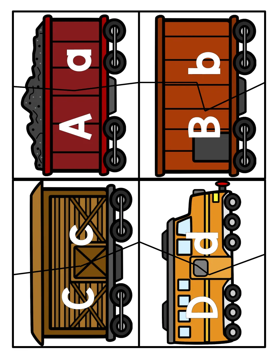 Letter matching A to D: four train car puzzles, each split in two so students join uppercase A, B, C, D to lowercase a-d