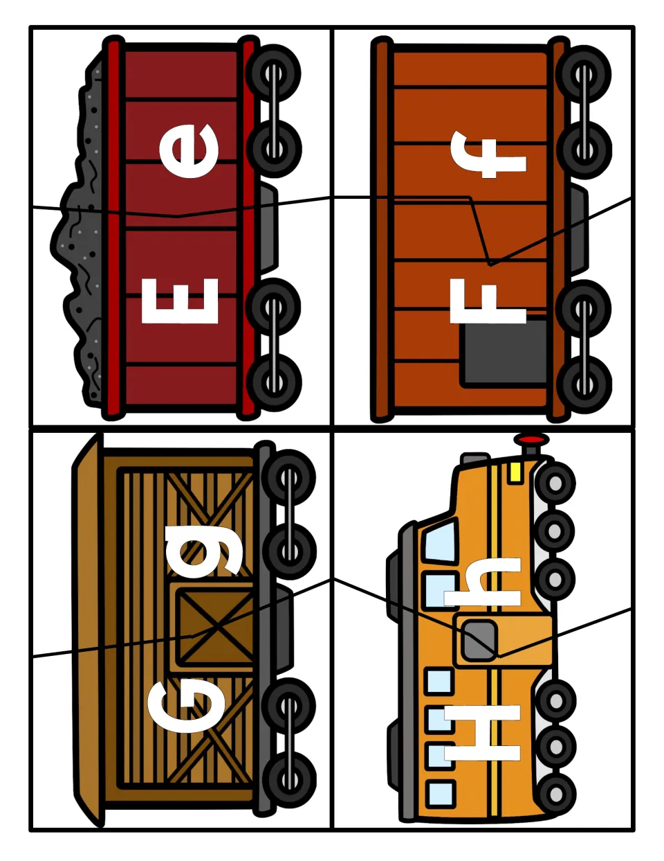 Upper- and lowercase matching for E, F, G and H: students join two-piece train car puzzles showing each letter pair