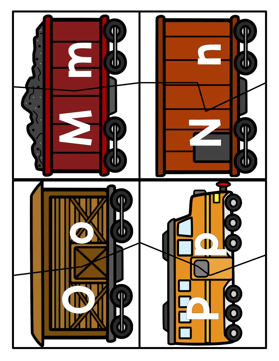 M, N, O and P letter pairs: students join the uppercase half and lowercase half of each train car puzzle to pair letters