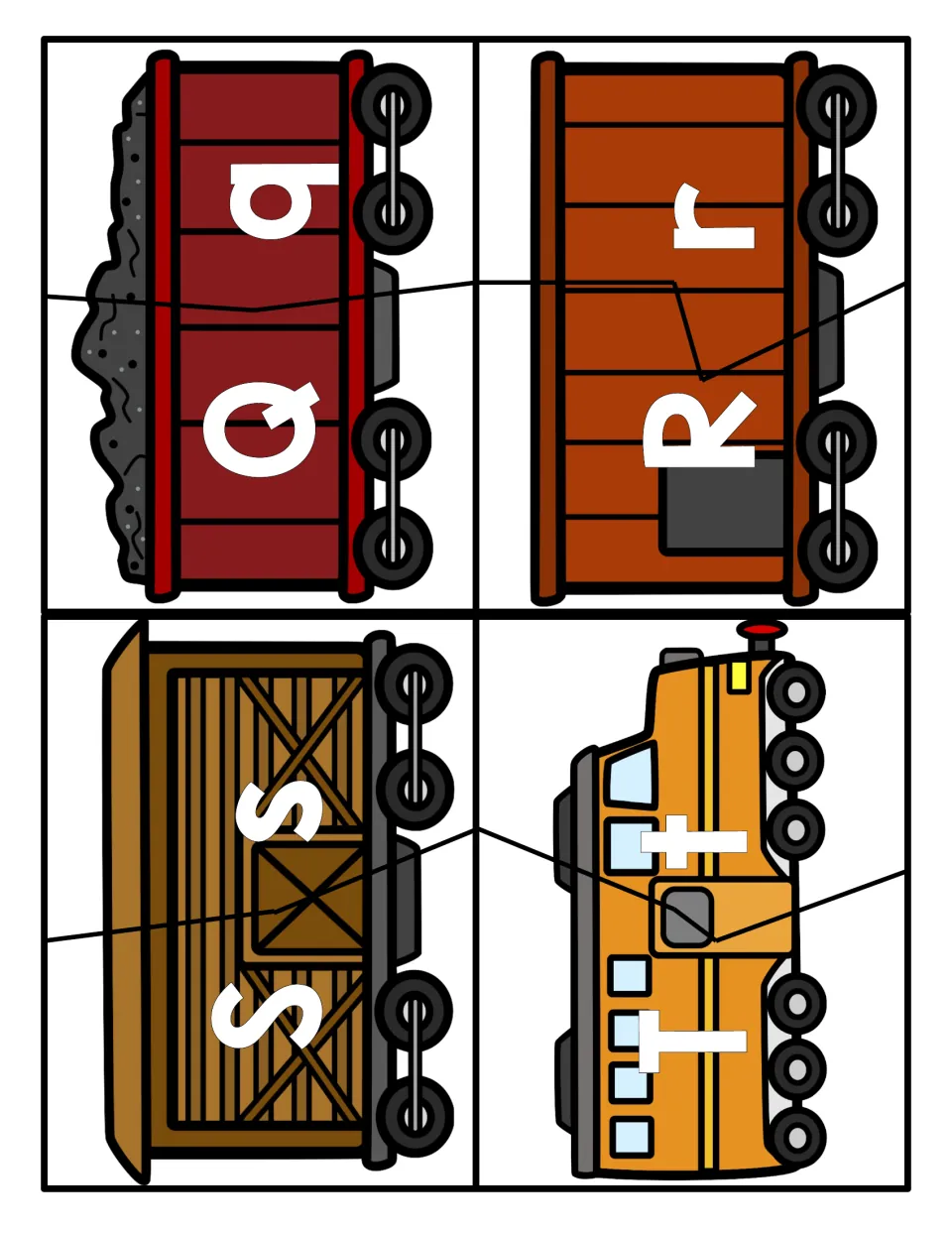 Q, R, S and T train car puzzles: learners match each uppercase piece to its lowercase piece to recognize letter pairs