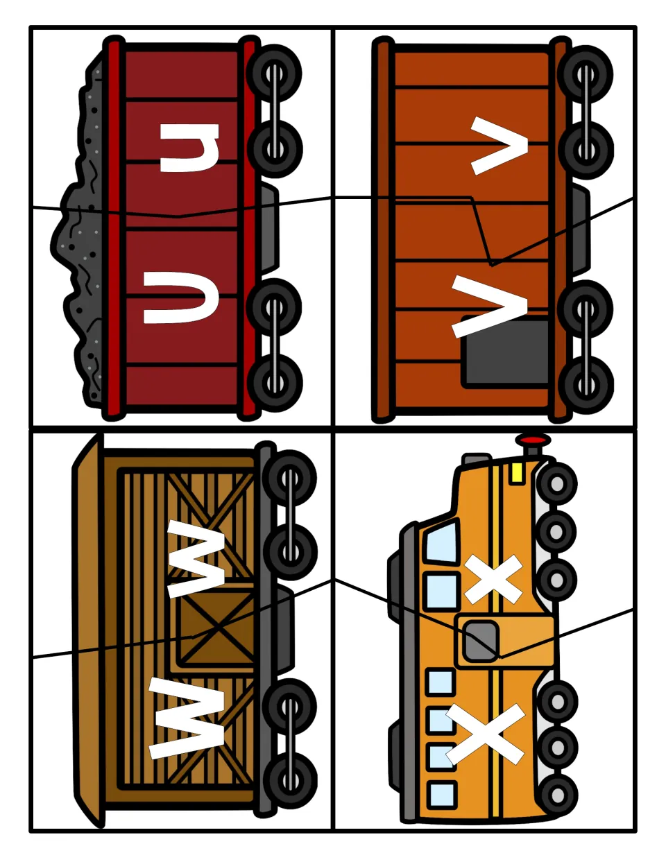 U, V, W and X letter recognition: students connect two puzzle halves on each train car to pair capital and small letters