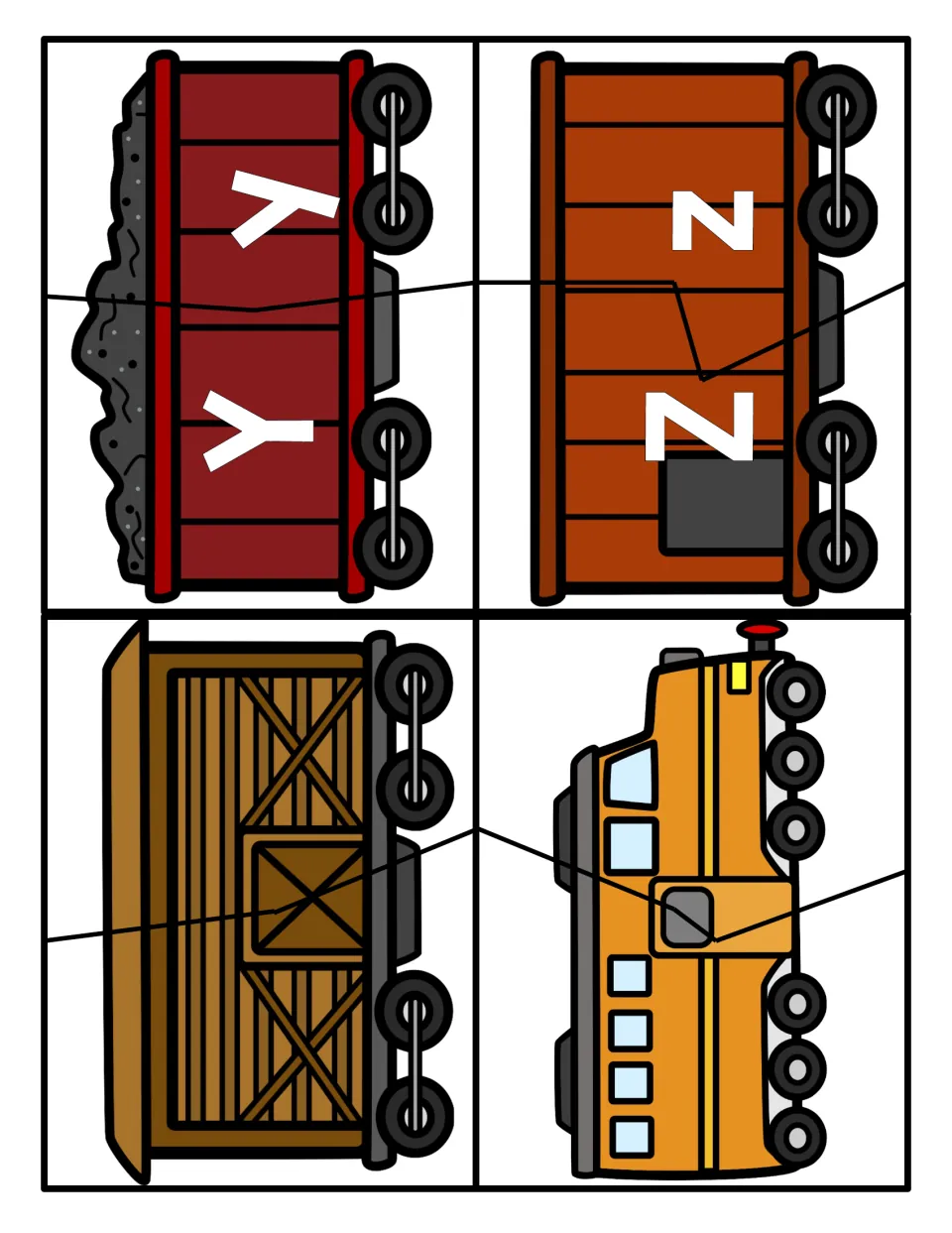 Y and Z letter matching puzzles on two train cars, plus a boxcar and engine with no letters
