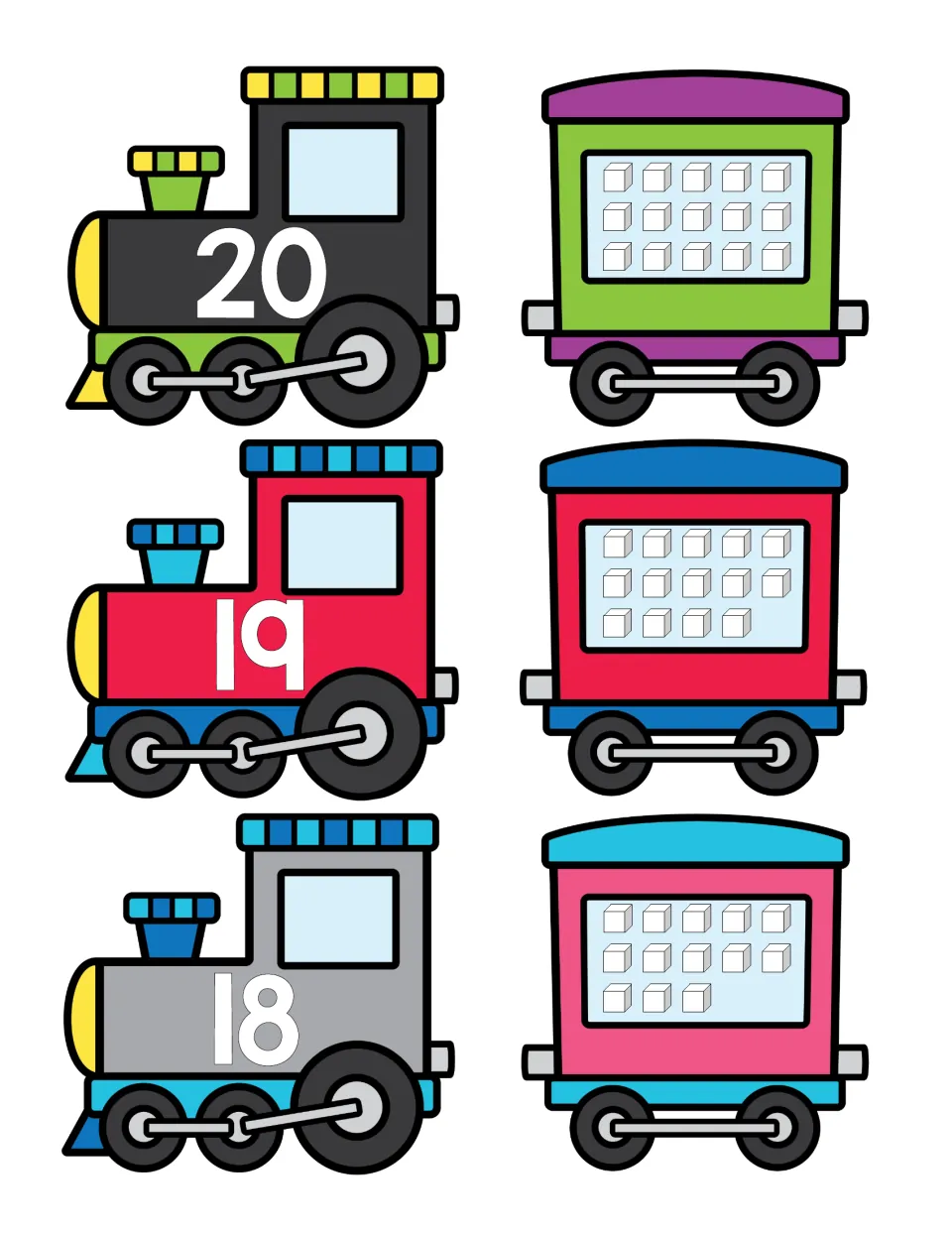 Counting cubes to 20: engine cards numbered 20, 19 and 18 with train car cards showing 15, 14 and 13 cubes to match