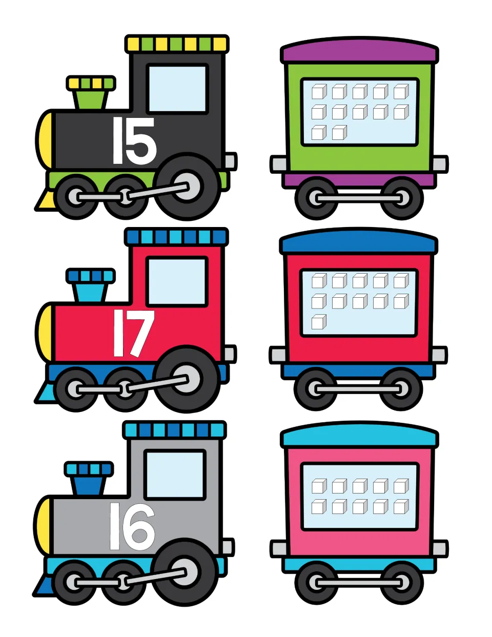 Number cards 15 to 17: engines labeled 15, 17 and 16 beside train cars holding 12, 11 and 10 cubes for students to count