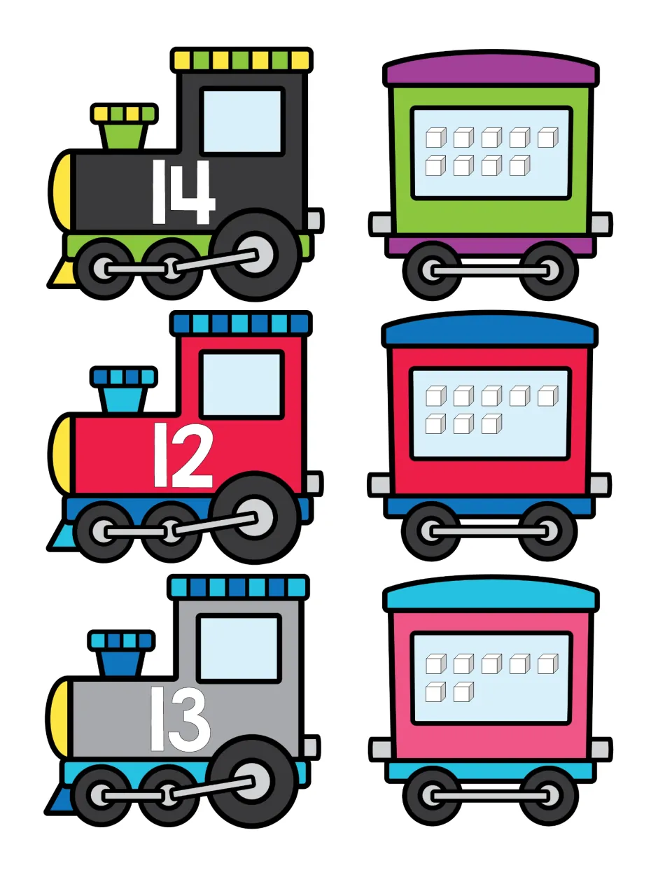 Teen numbers 12 to 14: engines numbered 14, 12 and 13 with cube cars showing 9, 8 and 7 cubes, for counting and matching