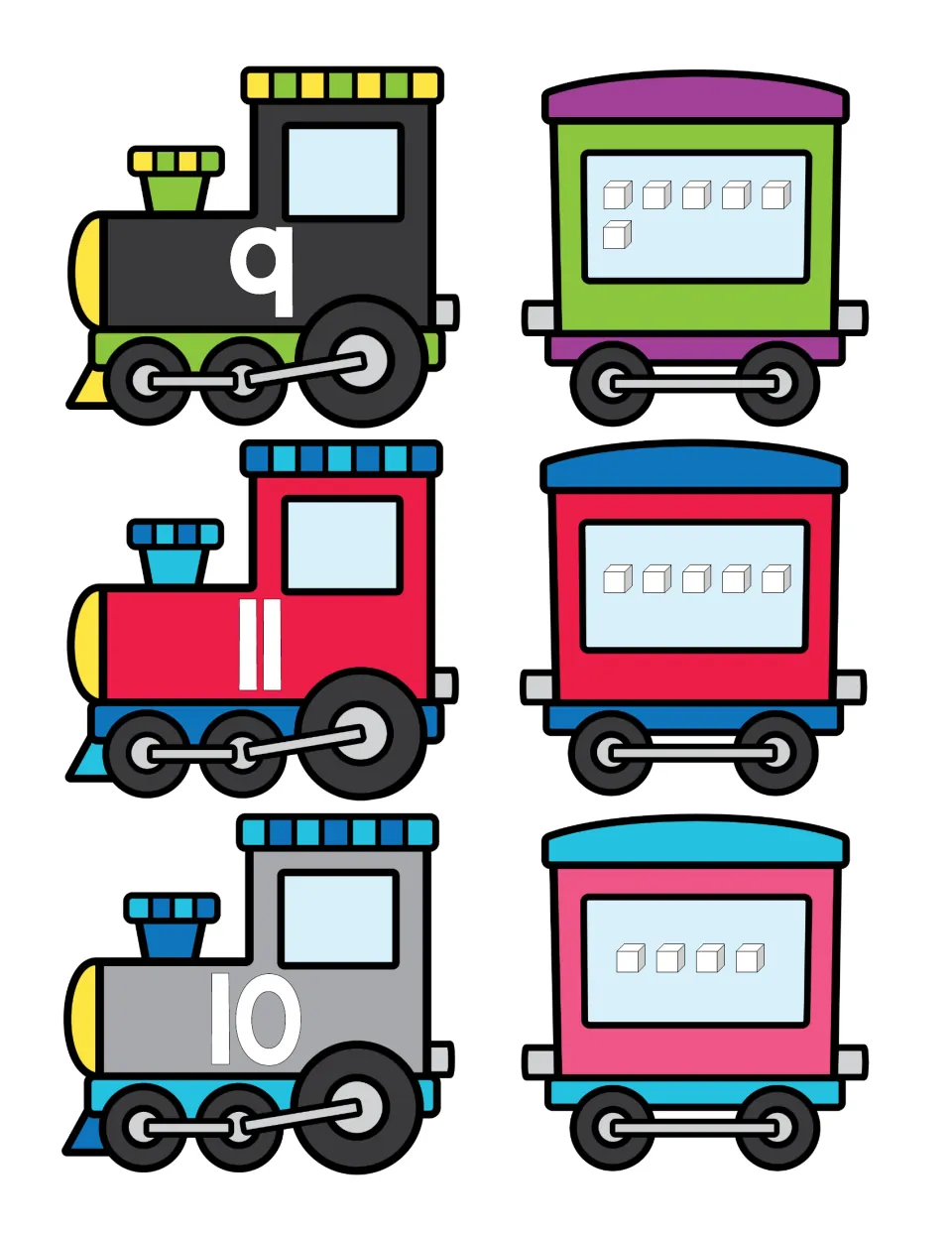 Numbers 9 to 11: engine cards labeled 9, 11 and 10 and cube cars showing 6, 5 and 4 cubes for one-to-one counting