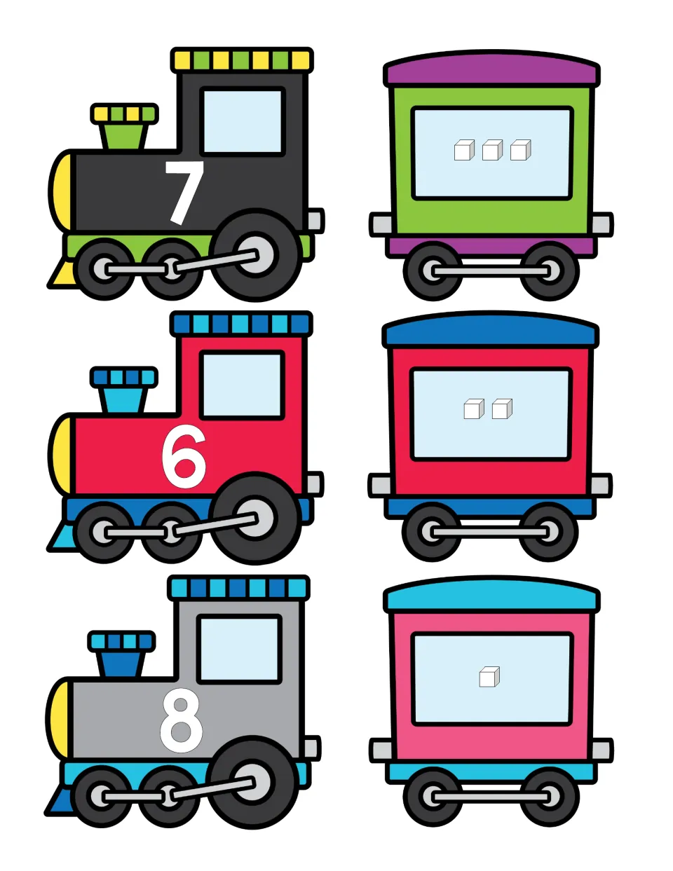 Numbers 6 to 8: engines labeled 7, 6 and 8 alongside train cars with 3, 2 and 1 cubes for counting small quantities