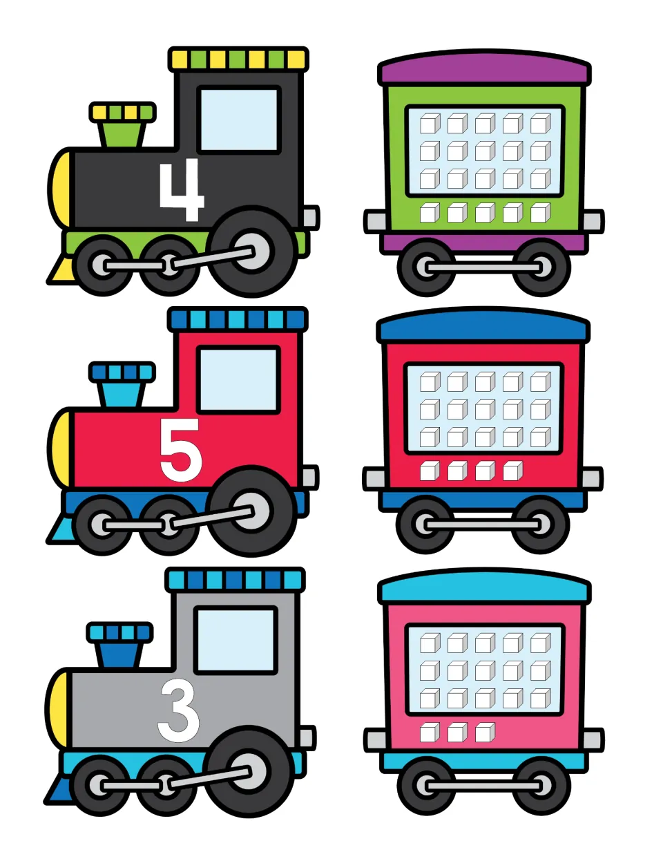 Numbers 3 to 5: engines numbered 4, 5 and 3 with cube cars showing 20, 19 and 18 cubes to count and match