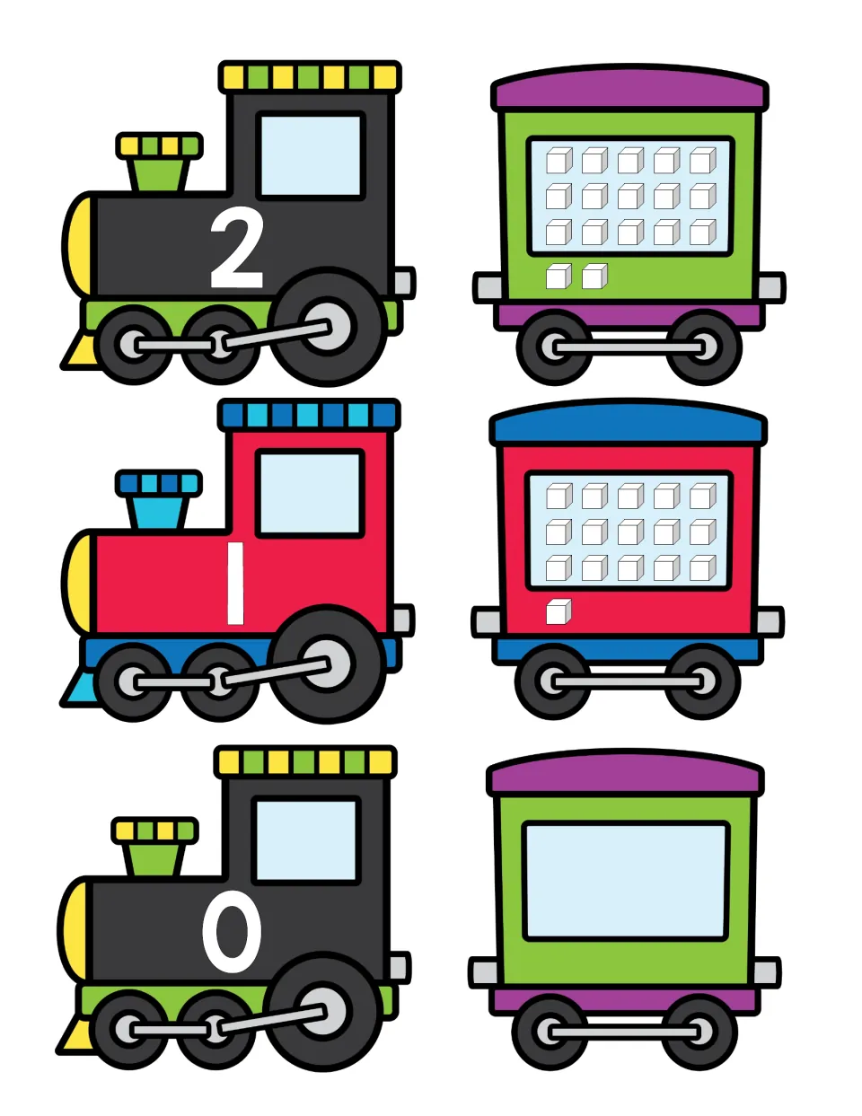 Numbers 0 to 2: engines labeled 2, 1 and 0 with cars showing 17 and 16 cubes plus an empty car to represent zero