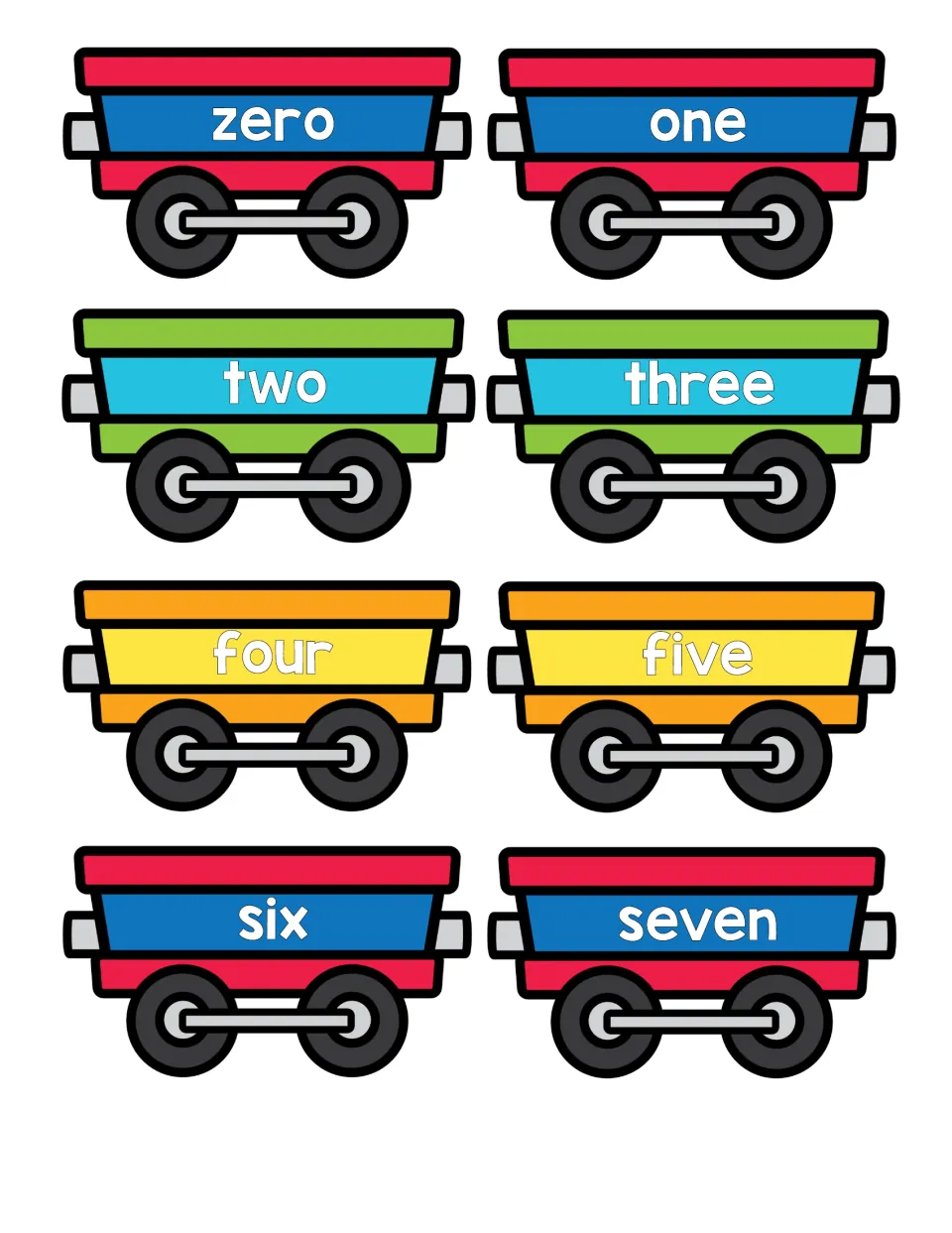 Number words zero to seven: train car cards spelling zero, one, two, three, four, five, six and seven for word matching
