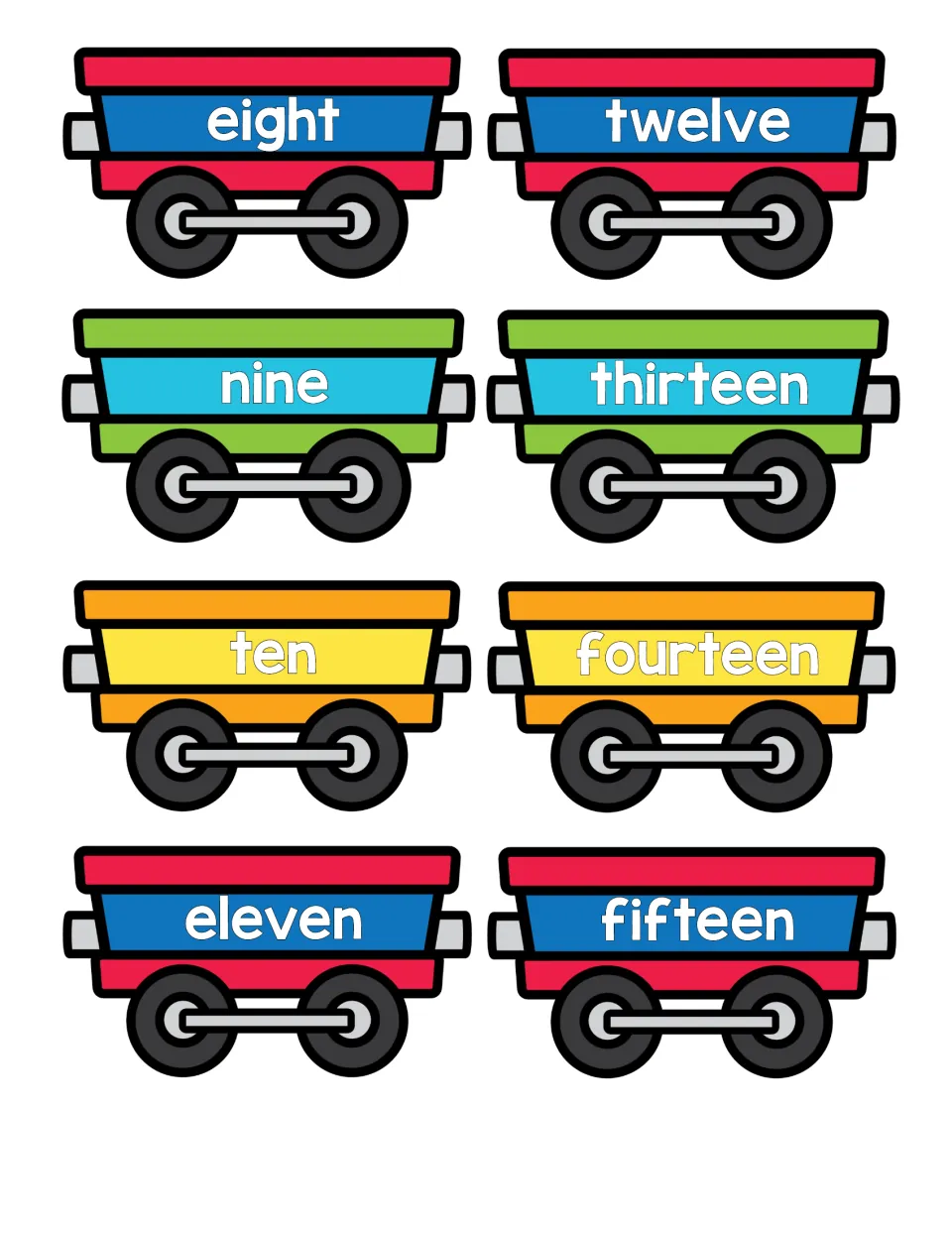 Number words eight to fifteen: train car cards reading eight, nine, ten, eleven, twelve, thirteen, fourteen and fifteen