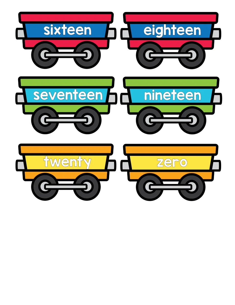 Number words sixteen to twenty: train car cards spelling sixteen, seventeen, eighteen, nineteen, twenty and an extra zero