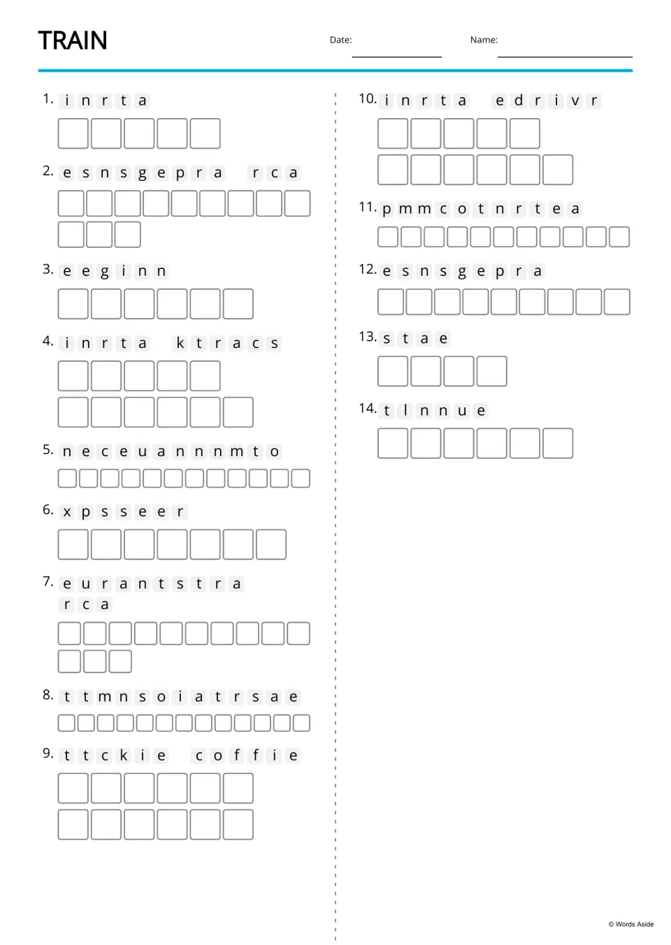 Train vocabulary anagrams: students unscramble 14 jumbled words like engine and tunnel, writing one letter per box