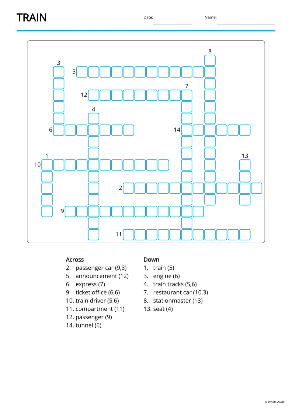 Train crossword: students fill in 14 train words from Across and Down clues such as passenger car, express and tunnel